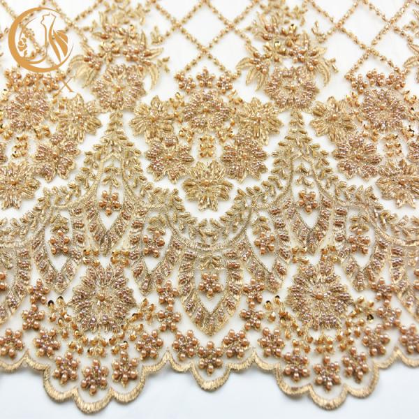 1 Yard Lengh Eco Friendly Gold Bridal Lace Fabric 140cm Width Beaded Heavy