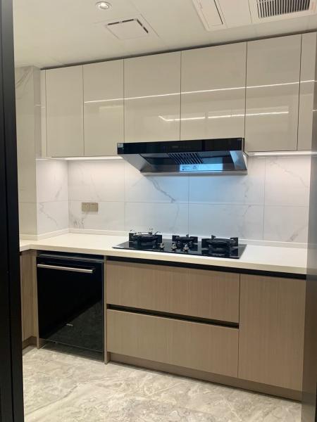 Modern Design Melamine Finish With Quartz Stone Waterfall Island Kitchen Cabinet