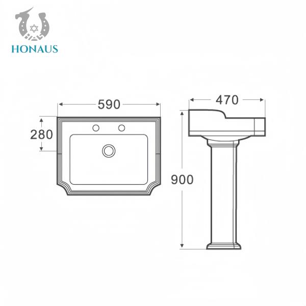 Classic Bathroom Full Pedestal Wash Basin High Temp Burned Ceramic White Retro Style