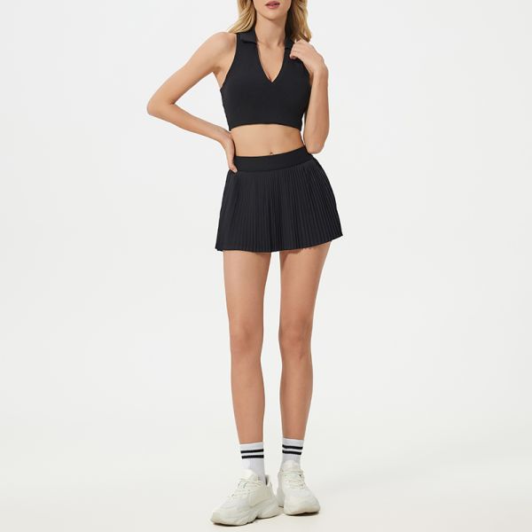 Women's Polo Collar Sports Bra Crop Top Skirt Set Moisture Wicking with V Neck
