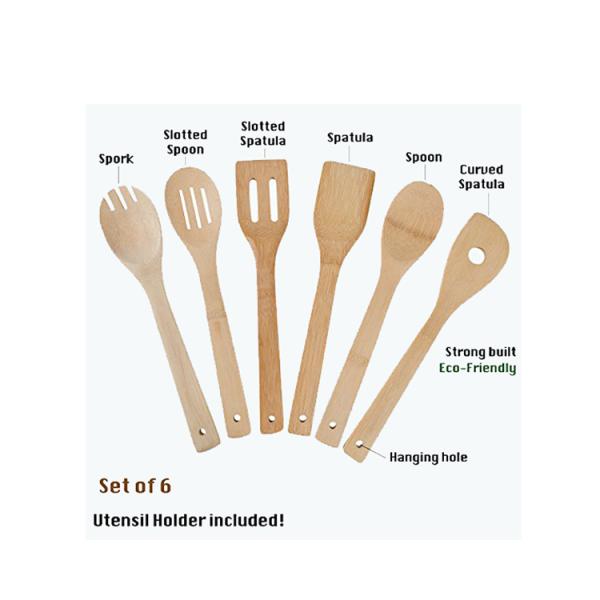 FPA free organic bamboo reusable kitchen cooking utensil with holder set of 7
