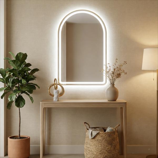 Modern LED Bathroom Mirror Golden Metal Wall Half Circle Arch Illuminated Bedroom Wide Arched Makeup Mirror for Villa Hotel Use