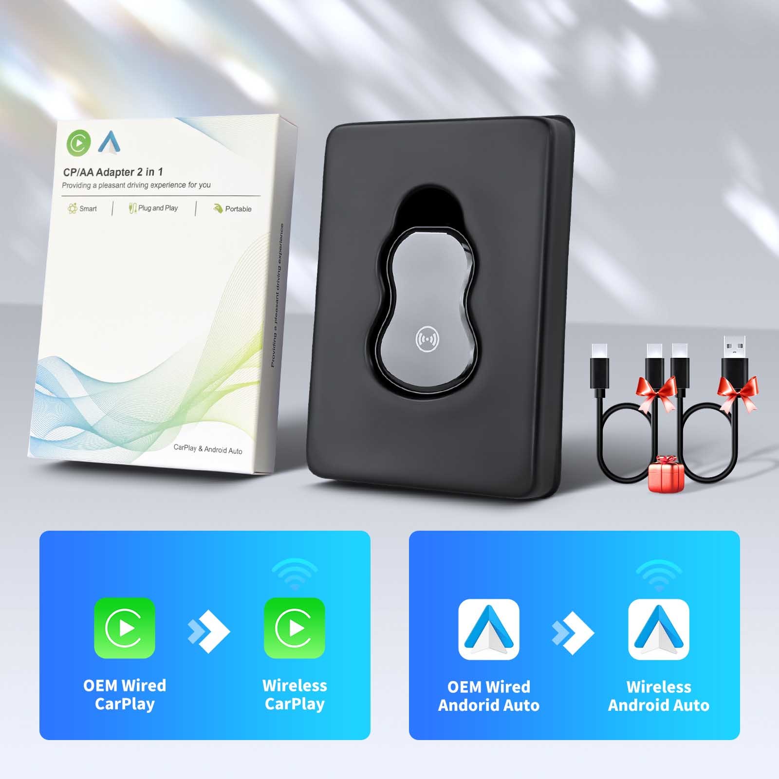 Carplay Android Auto Adapter designed to upgrade wired CarPlay or Android Auto systems to wireless operation while preserving controls