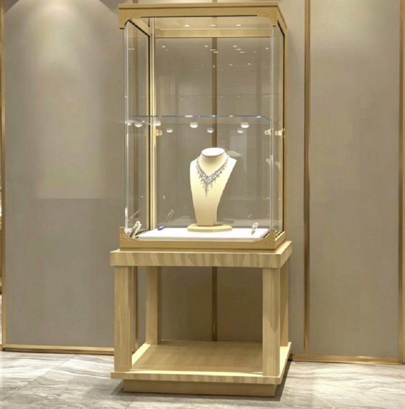 Luxury Jewelry Display Case with Natural Solid Wood Base Ultra-Clear Tempered Glass and Built-in High-CRI LED Lighting