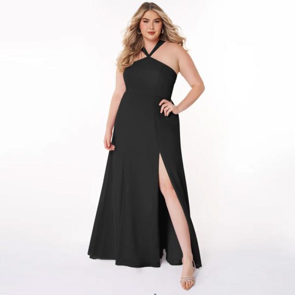 Unique Black Chiffon Bridesmaid Dress Front Split Slit A-Line Halter Keyhole Backless Mermaid Plus Size