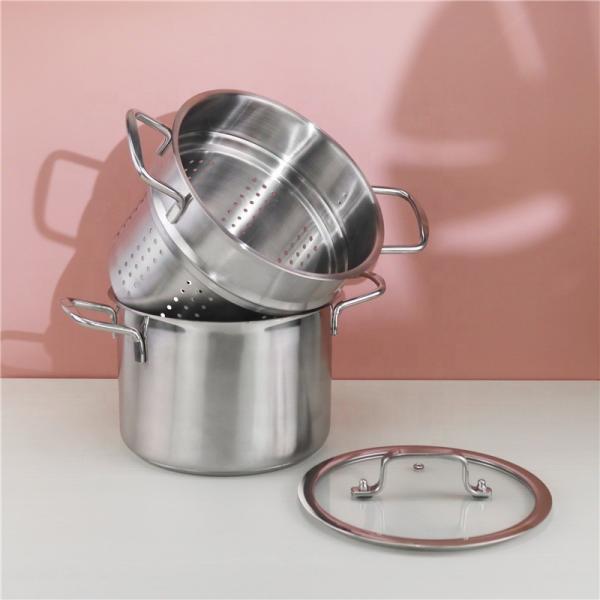 Double layer food kitchen pot spaghetti cooking pot with glass lid steamed grid