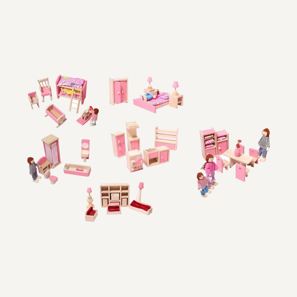 Pink Wooden Dollhouse Furniture Set