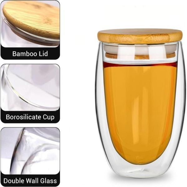 Handmade High Borosilicate Insulated Clear Glass Drinking Mug Double Wall Glass Coffee Tea Cup With Bamboo Lid Handle