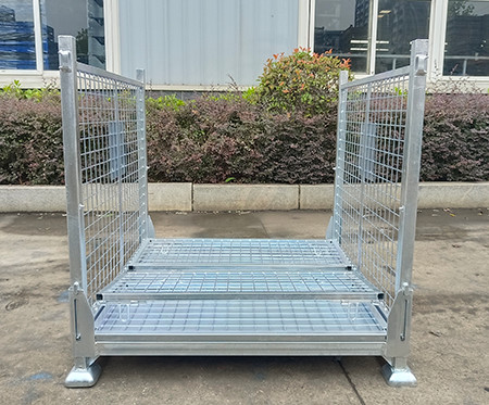 Caja de paletas de metal soldado con lados de malla y base de chapa de acero