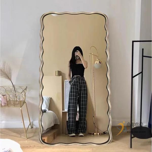 Wavy Beveled Floor Mirror Wood Frame 600mm For Modern Bedroom Decoration