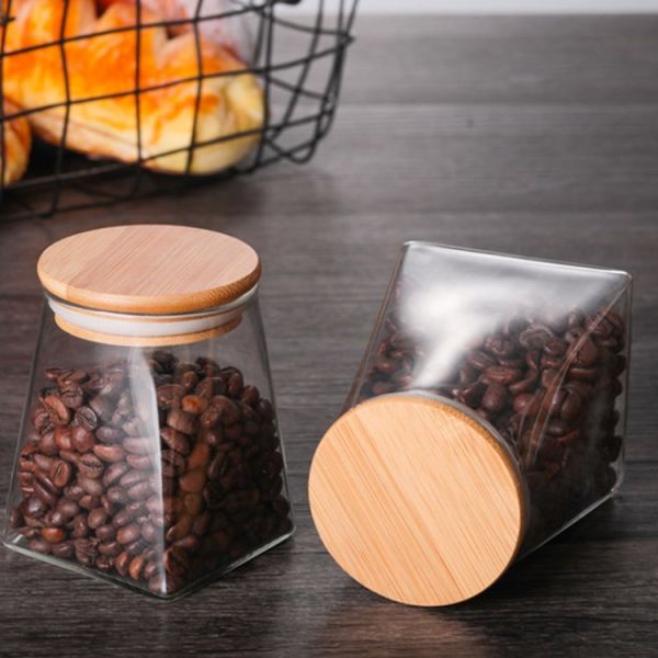 Fancy Hand Blown Trapezoid Borosilicate Glass Storage Jars With Bamboo Lids