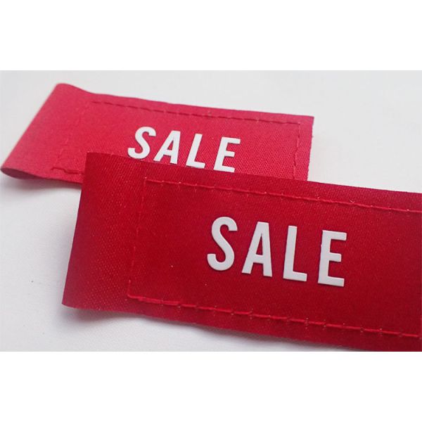 Étiquette de VENTE de vêtements avec logo de marque personnalisé, sérigraphie, étiquette tissée pour vêtements