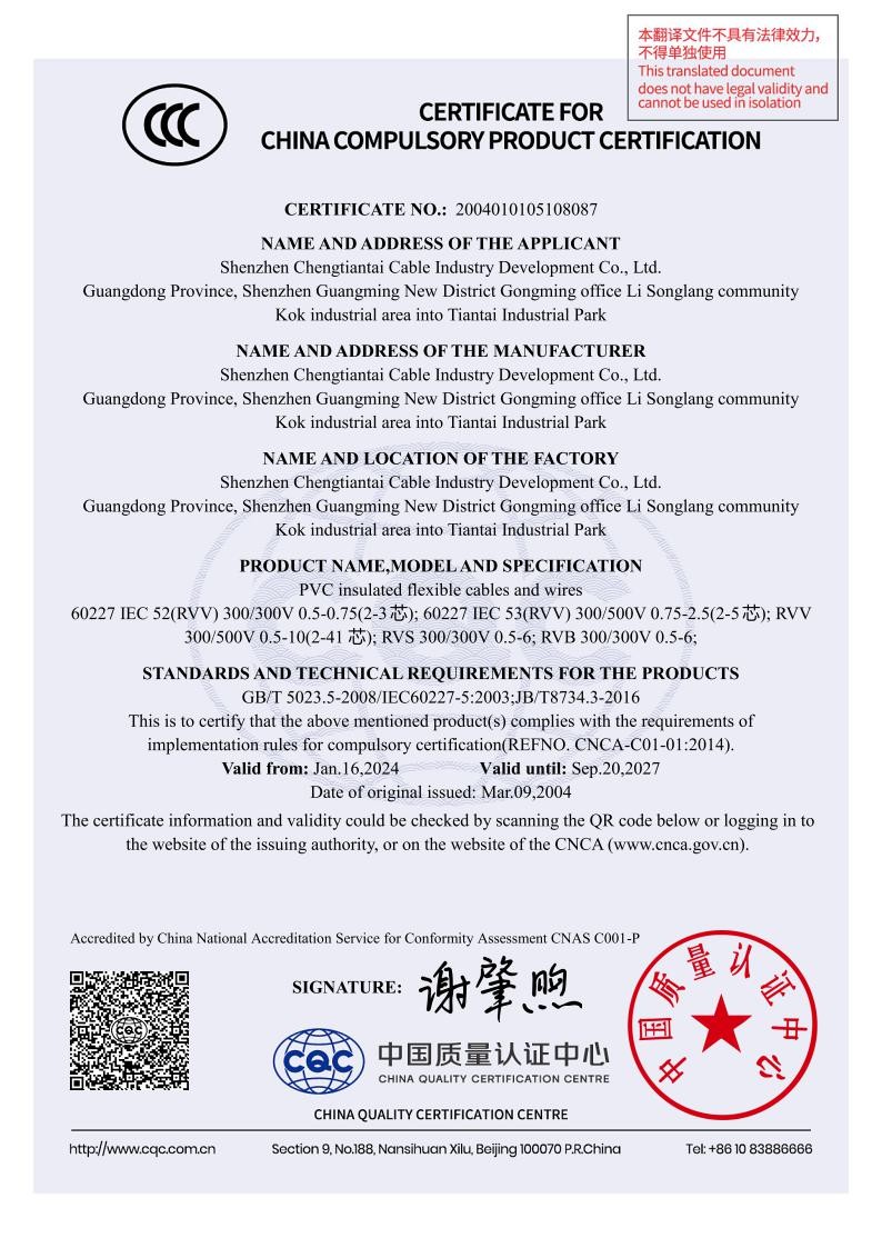 Shenzhen Chengtiantai Cable Industry Development Co.,Ltd Сертификации