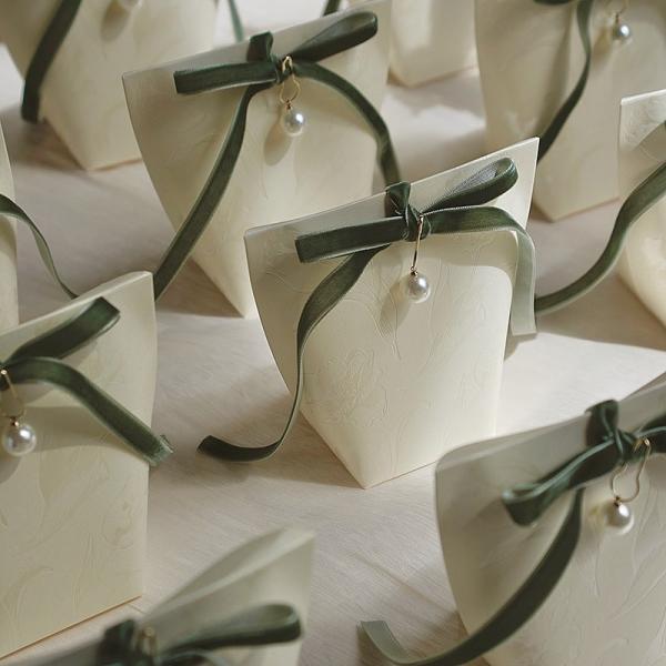 Custom French Wedding Gift Box with Gold Foil and Green Ribbon