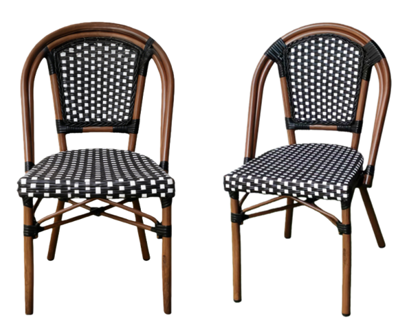 Commercial Use French Style Woven Rattan Chair Black White Checkered Patio Dining Chair for Cafe Restaurant Hotel