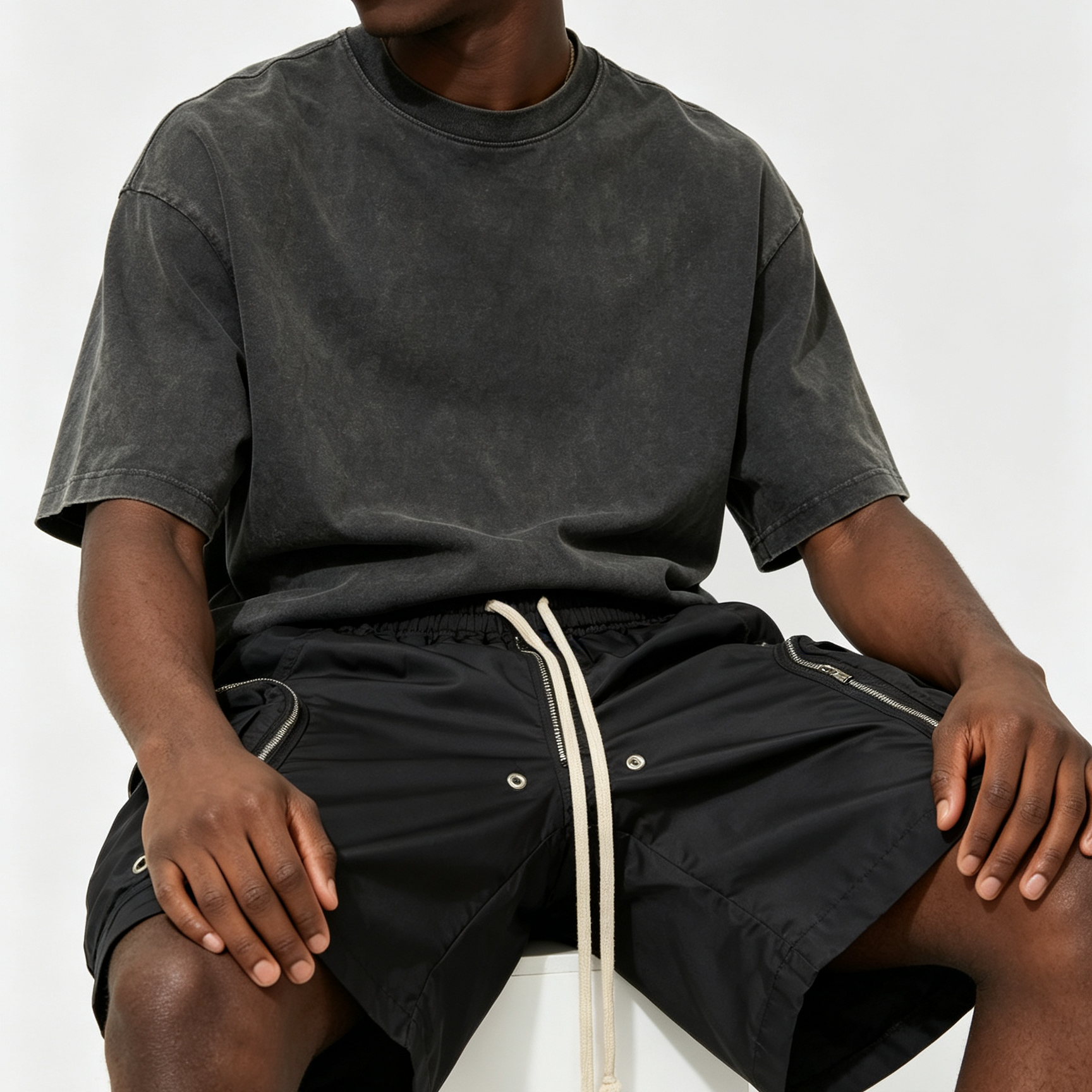 Dark Sports Sweat Shorts Multi Zipper Mens Drawstring Cargo Shorts RO Style