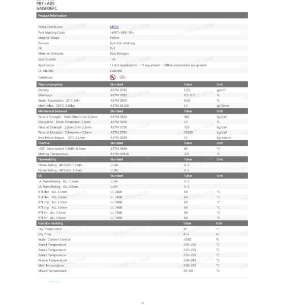 Venta en caliente PBT/ABS GN-5006FC plástico de aleación natural sin halógenos de grado retardante de llama