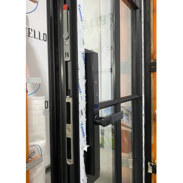 French-Style Black Aluminum-Clad Wood Double Swing Doors with Smart Biometric Lock for Outdoor Balconies