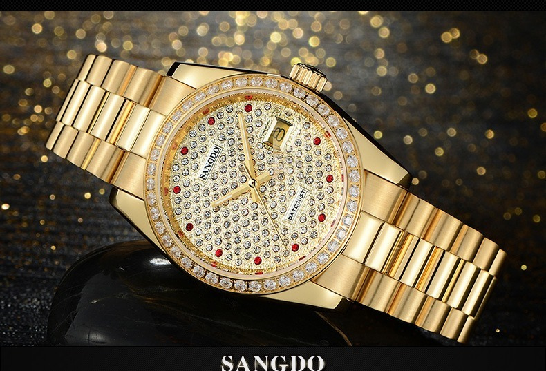 Full Diamond Dial Men Quartz Watch Stainless Steel Band Bling Crystal Bezel Luxury Business Wrist Watch Gift For Men Wedding Anniversary