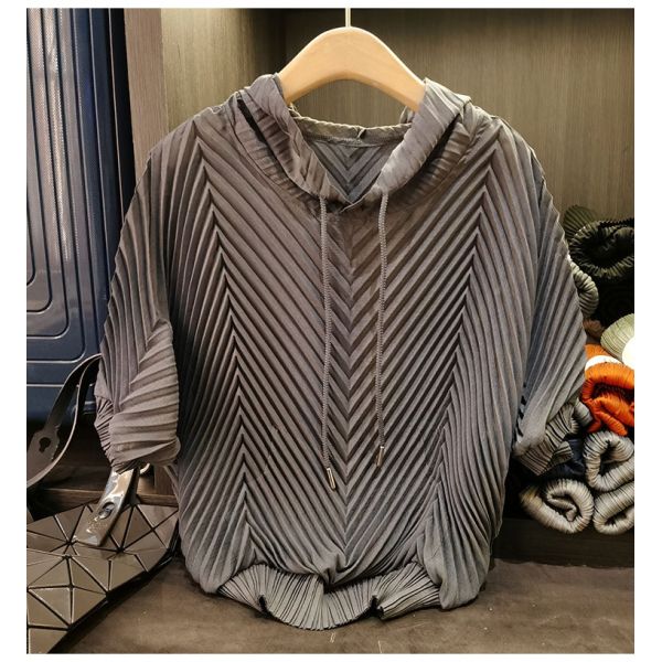 Hooded Pleated Lazy Style Summer Korean Version Loose Short Sleeved Solid Color T-shirt Top for Women