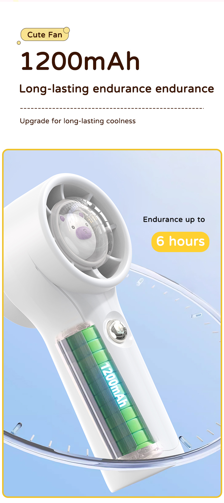 Rechargeable Kids-Safe Design Quiet Cute Cartoon Pig/Cat/Chicken Kids Handheld Fan with 1200mAh Battery