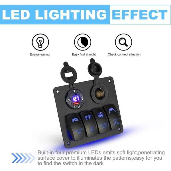 Waterproof 12V/24V 4 Gang Marine Switch Panel Dual USB + Cigarette Lighter