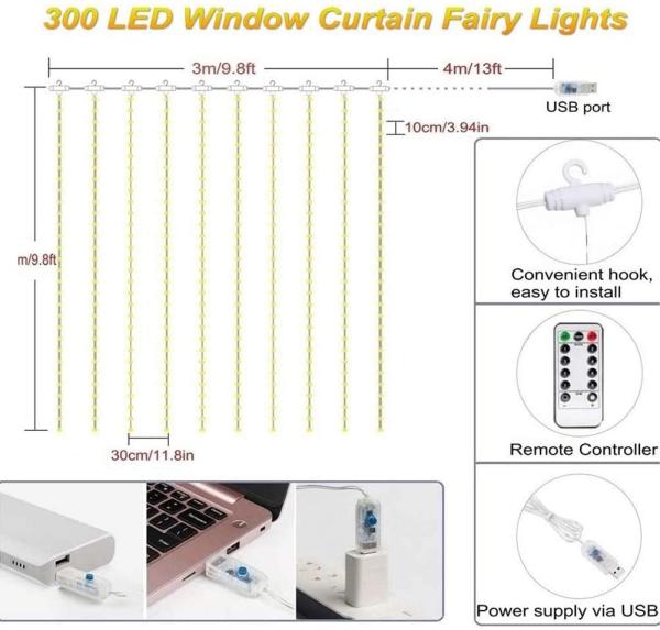 300 Leds Multicolor Fairy Lights Window Curtain String Lights With Remote