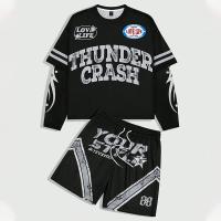 T-shirt sur mesure à manches longues double couche T-shirt à écran Jersey Summer Short Set Stripe Mesh Jersey Boxy Crop T-shirt et Shorts