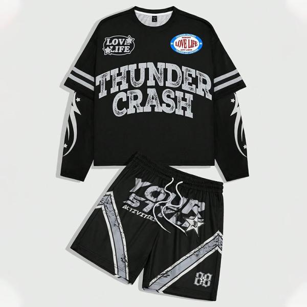 オーダーメイド ロング袖 ダブルレイヤーのTシャツ スクリーンプリント ジャージ 夏のショートセット ストライプ メッシュ ジャージ ボクシー クロップ シャツとショートセット