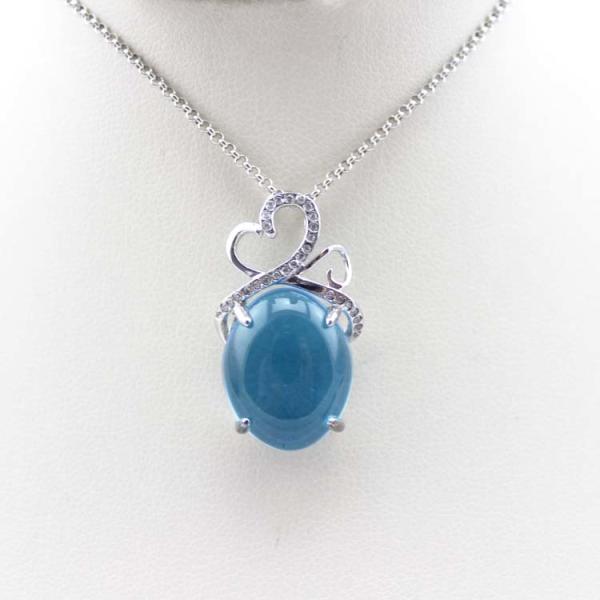 Sterling Silver Oval Created BlueTopaz Dome Cubic Zircon Gemstone Pendant  Silver Chain(PSJ0343)