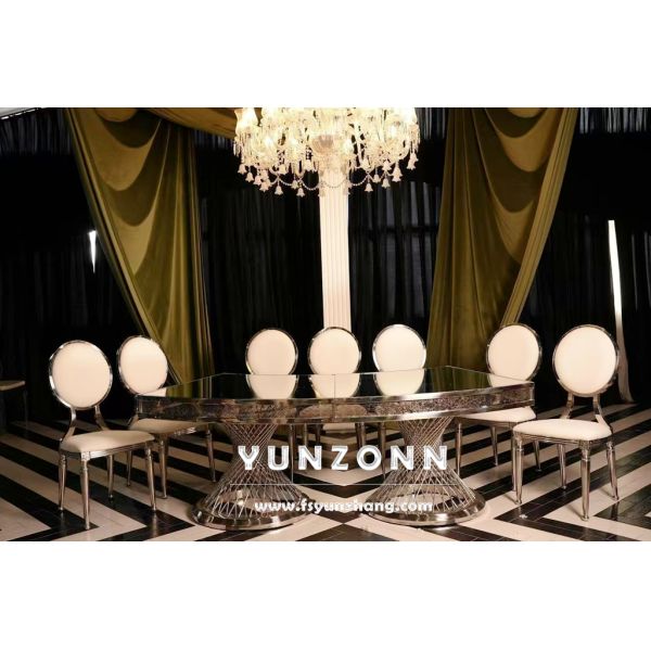Nest Base Double Pedestal Dining Table with Mirror Glass Top Gold Centerpieces for Weddings and Hotels