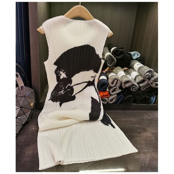High-End Pleated Floral Dress Loose Slim Ladylike Elegant Sleeveless Round Neck Versatile Floor-Length Long Skirt
