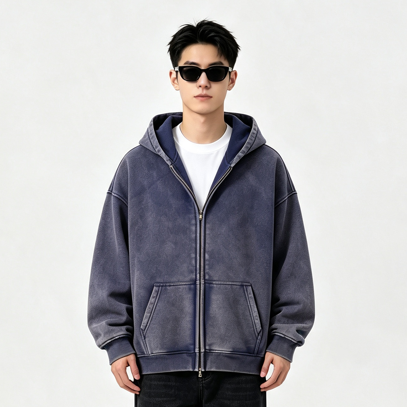 Men’s Vintage Washed Zip-Up Hoodie Oversized Fleece Lined Winter Casual Sweatshirt