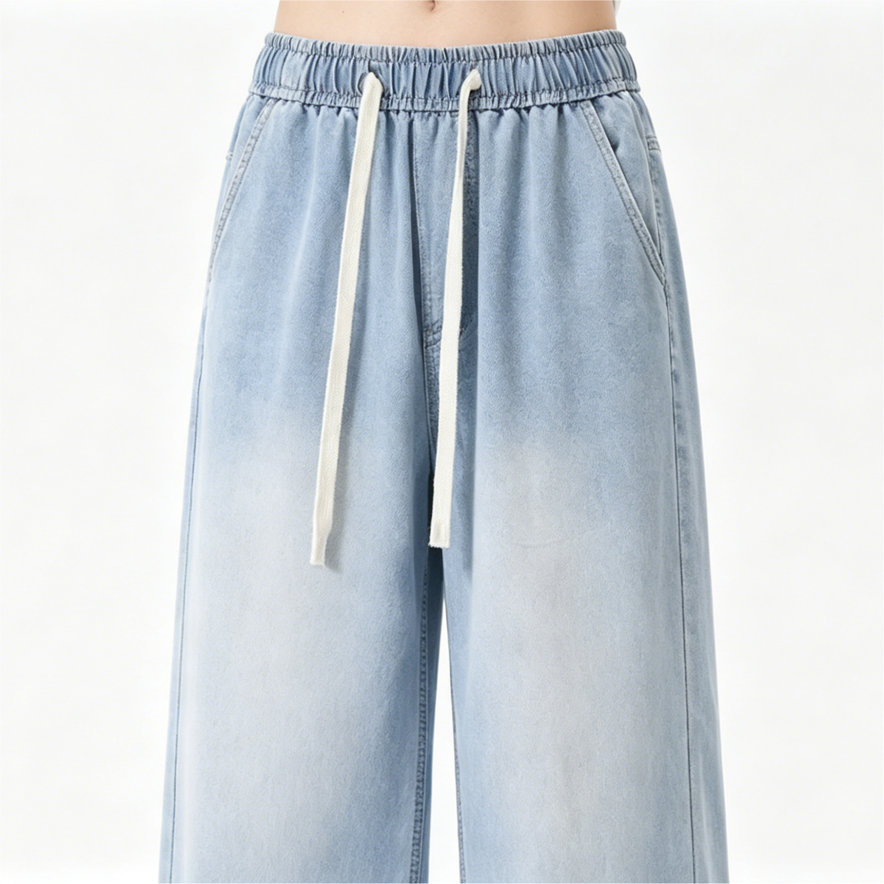 Lightweight Washed Denim Pants Wide Leg Denim Jeans Elastic Drawstring