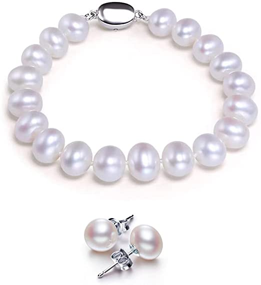 Top Fashion Stunning Bracelet and Stud Earrings Jewelry Set Freshwater Cultured Pearl for Women Handmade