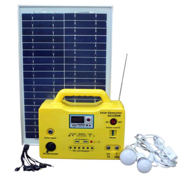20W portable solar power system with LED lighting, USB charging , integrated radio/MP3 functions