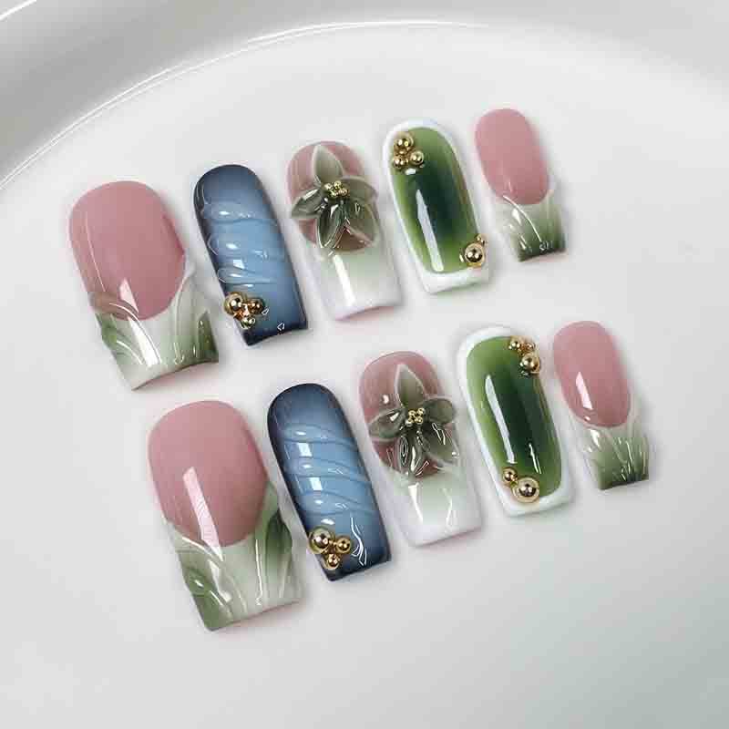 Wholesale Medium Square Handmade Fake Nails Spring Tulip 3D Floral Gold Bead Decor