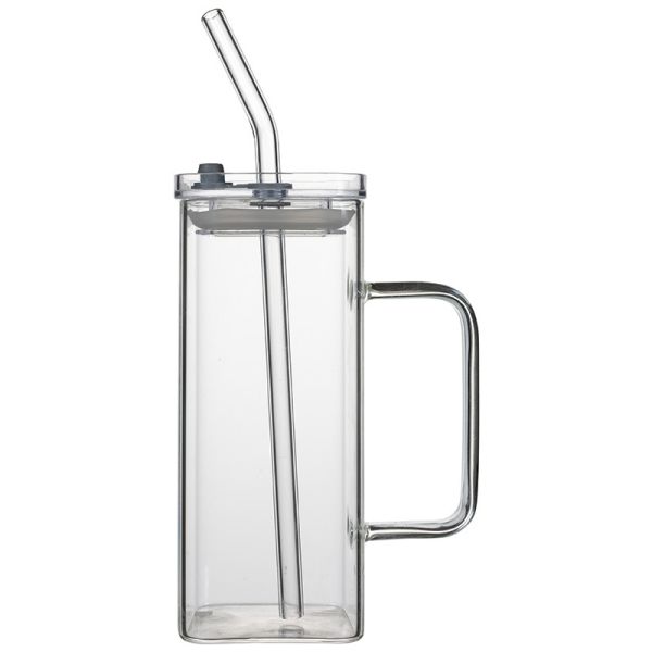 Portable Borosilicate Glass Cup With Colorful Handle PP Lid Glass Straw BPA Free
