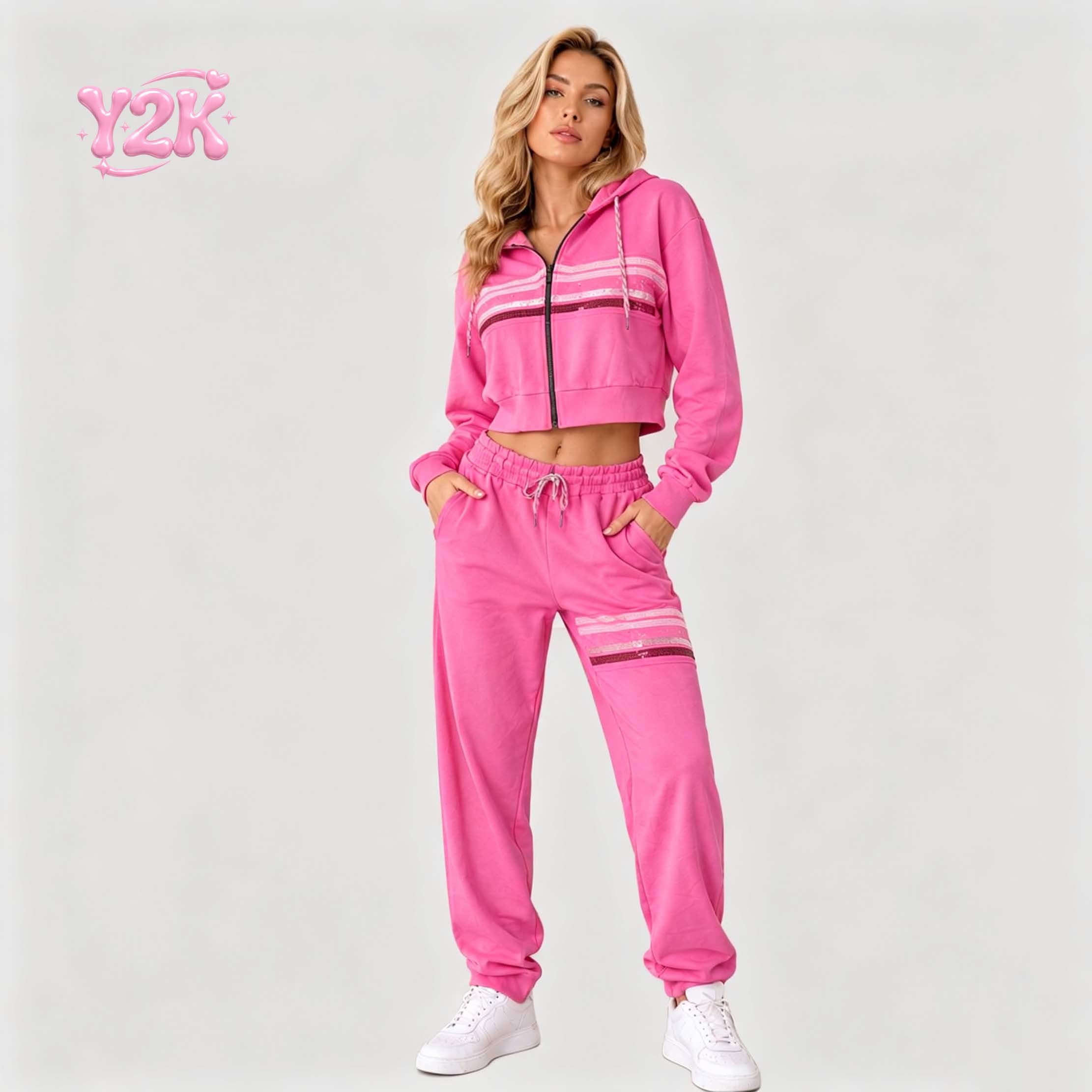 Custom Women's Sequin Trim Cropped Hoodie Jogger Pants Set