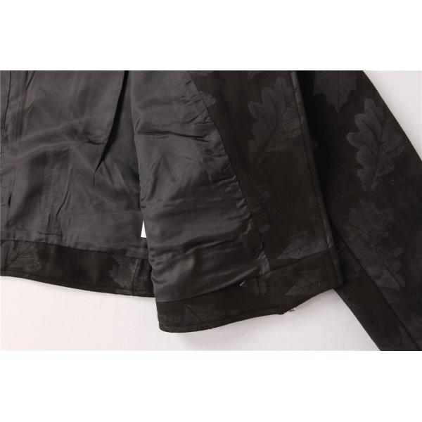 Black Red Cropped Ladies Suede Bomber Jacket With Jacquard Weave