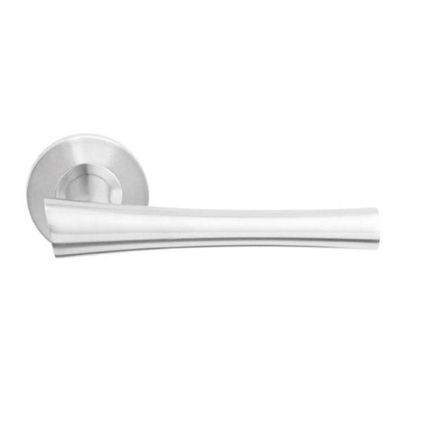 Satin brushed stainless steel door handle with round backplate