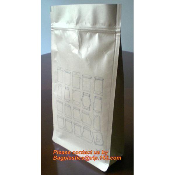 custom resealable recyclable kraft paper square bottom zipper bag, standup Zipper seal Kraft Paper Coffee Bag with Side