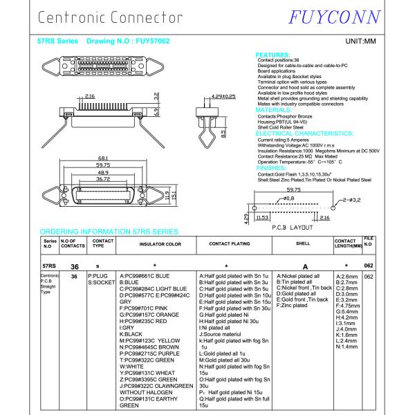 Разъем принтера матрицы многоточия установки PCB женского чемпиона Pin Centronics 36 прямой