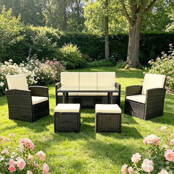 Outdoor Garden and Patio Furniture Set Dining Table and Chairs Rattan  2 Seat and Single Armchair 2 Pieces Stool 1 Piece Table