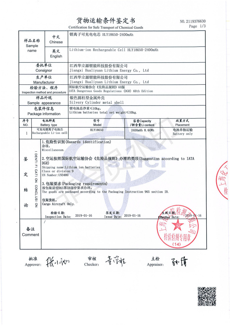 Jiangxi Hualiyuan Lithium Energy Co., Ltd. Сертификации