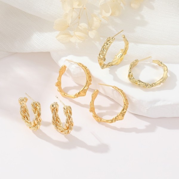 Popular Silver Needle Fashion C Ring Earring Vintage Old Gold Folded Irregular Women's Jewelry Earrings