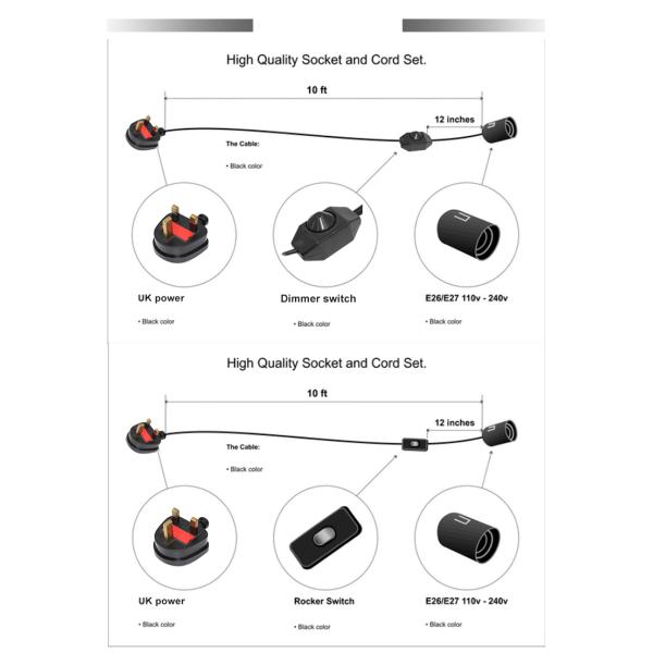 Великобритания 3 штифта подключения к E27 соляной лампы держателя электропровод 6 футов H03VVH2-F