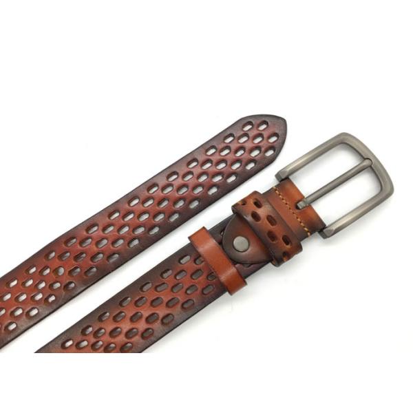 Men's Large Metal Buckle Hollow Wide Waist Belt Genuine Leather 1.5 Inches Wide Tan Color
