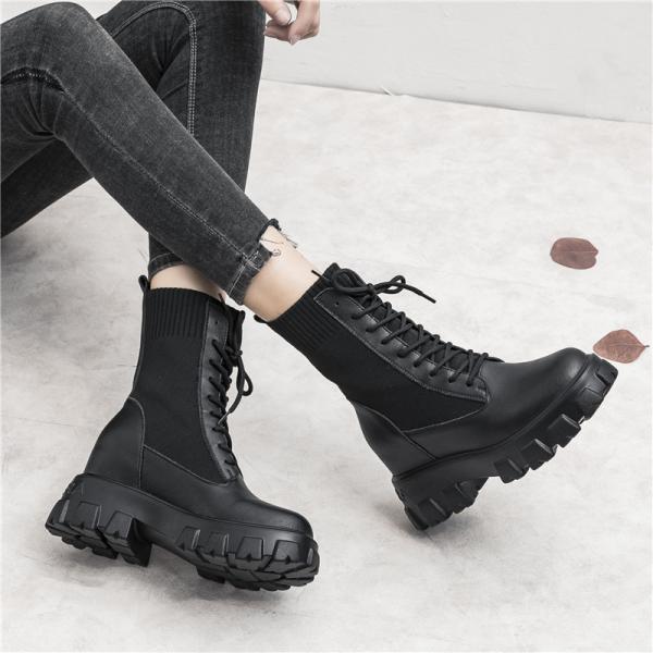 Breathable Chunky Rubber Soles Ladies Flat Boots moccasin style Lace Up