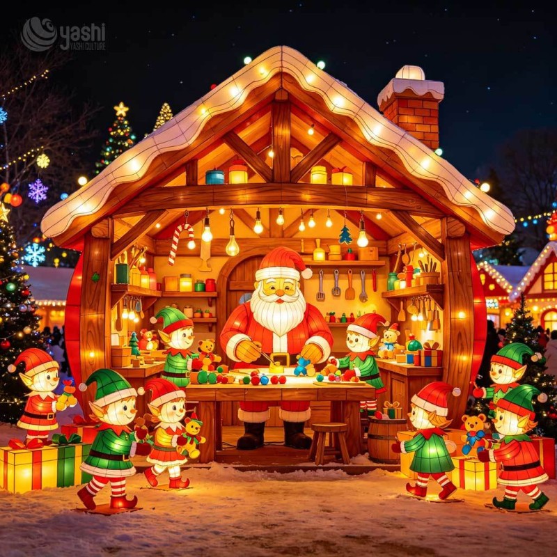 Custom Santa Workshop House Lantern Set, Outdoor LED Santa & Elf Light Sculpture For Christmas Light Festival Exhibition